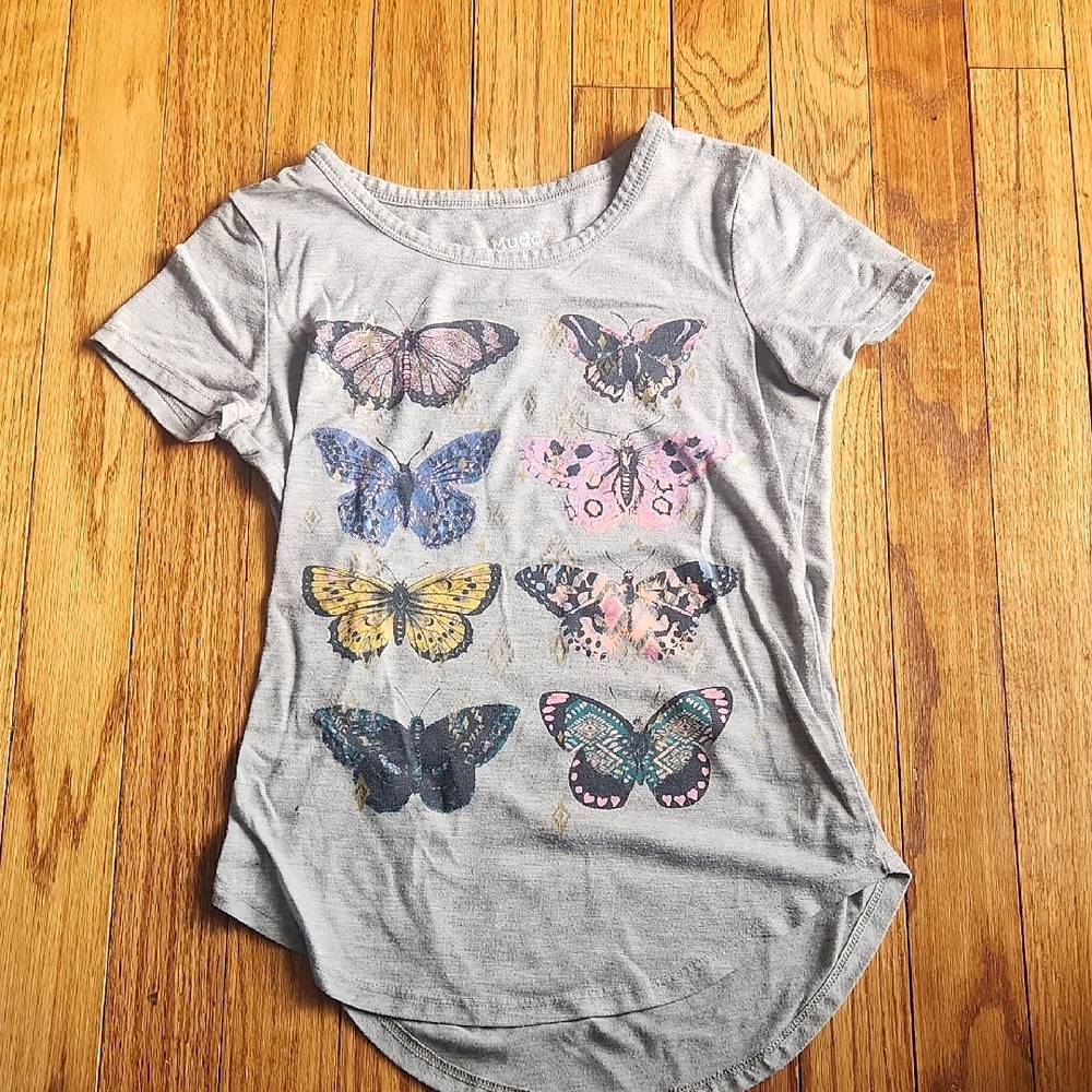 Gray T-Shirt with Colorful Butterfly Print